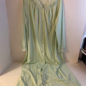 Green shadowline robe pink flowers neckline lace trim nylon USA Large L